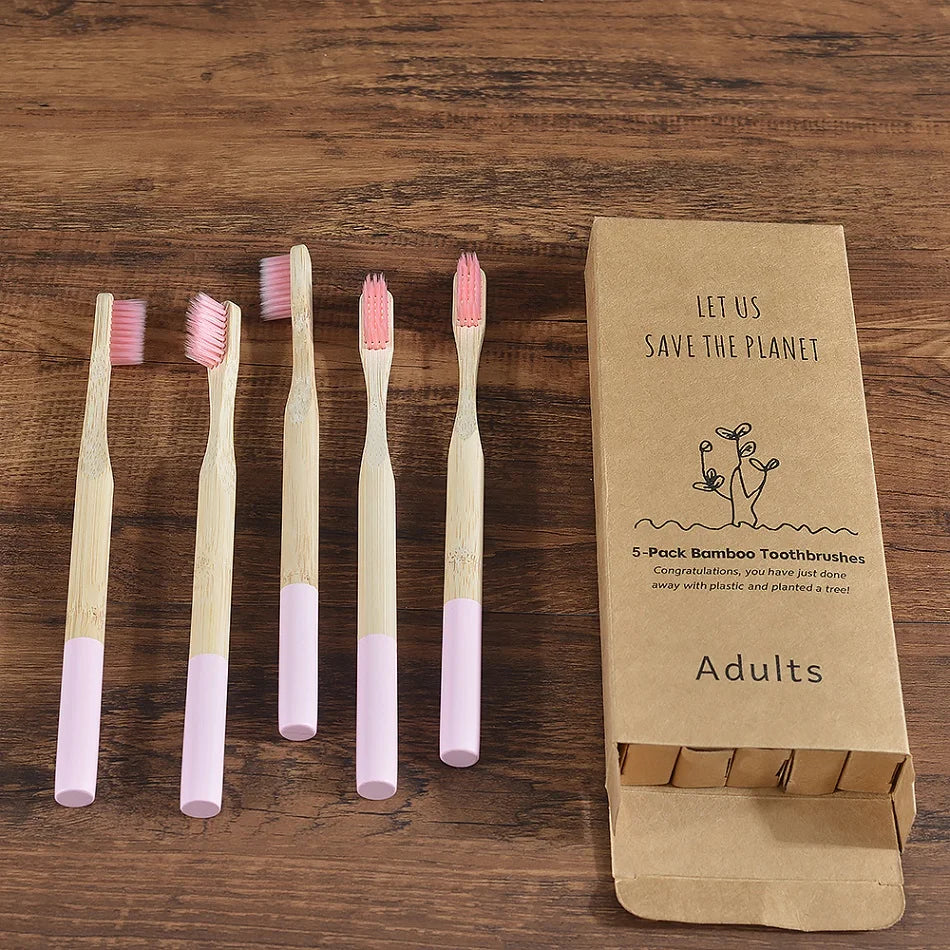 5Pack Adult Bamboo Toothbrush Medium Bristles Eco Friendly Cepillo Dientes Bambu